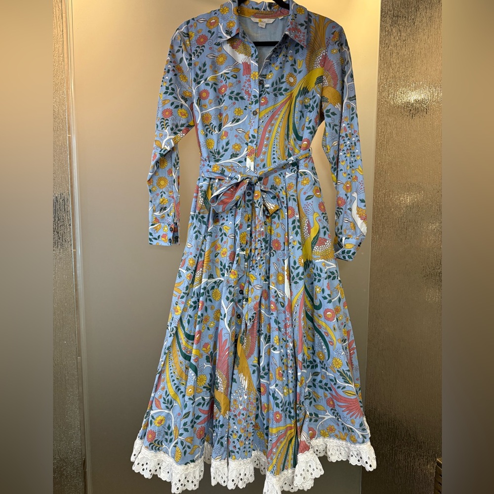 Boden Long Sleeve Midi Floral Dress - Blue and Yellow